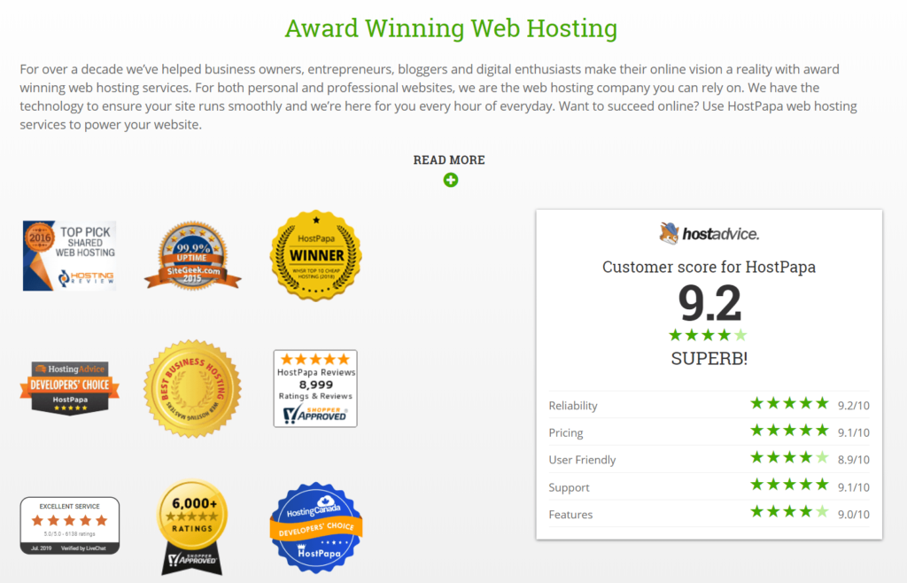 HostPapa award wining web hosting